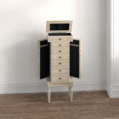16'' Wide Jewelry Armoire with Mirror Six Different Drawers and Two Swing-Out Doors with Hooks