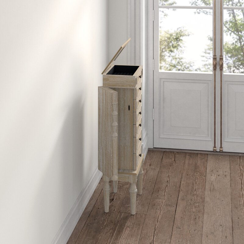 16'' Wide Jewelry Armoire with Mirror Six Different Drawers and Two Swing-Out Doors with Hooks