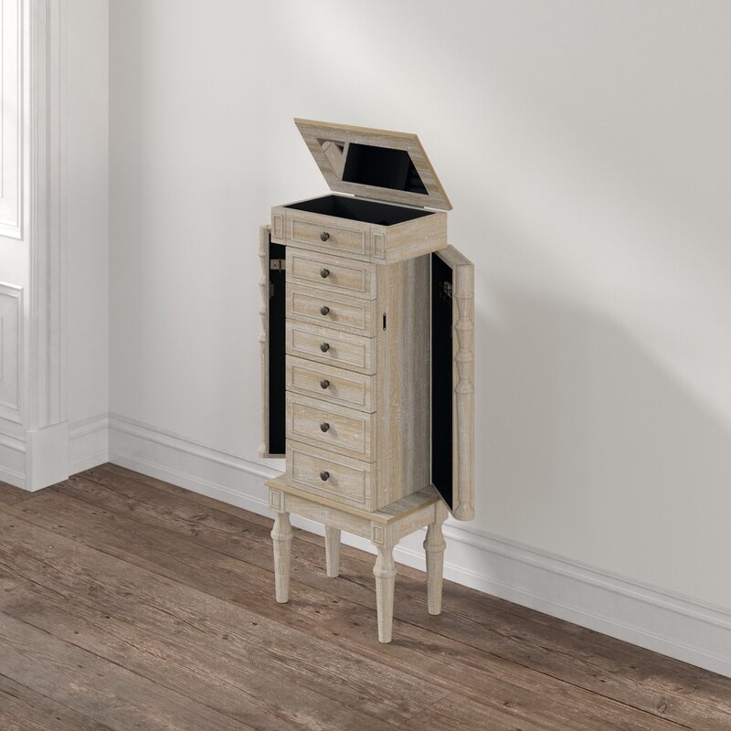 16'' Wide Jewelry Armoire with Mirror Six Different Drawers and Two Swing-Out Doors with Hooks