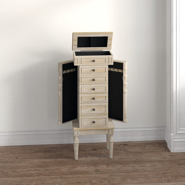 16'' Wide Jewelry Armoire with Mirror Six Different Drawers and Two Swing-Out Doors with Hooks