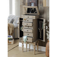 16'' Wide Jewelry Armoire with Mirror Six Different Drawers and Two Swing-Out Doors with Hooks