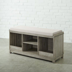 White Upholstered Shelves Storage Bench Four-Cubby Upholstered Storage Bench