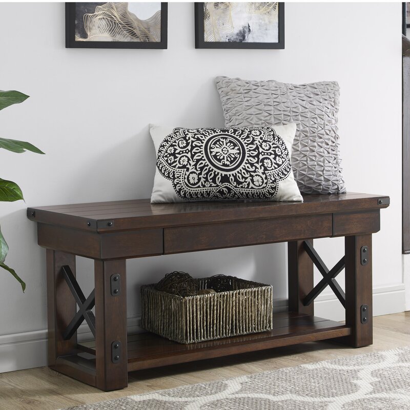 Espresso Kysen Wood Shelves Storage Bench X-Frame Design