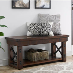 Espresso Kysen Wood Shelves Storage Bench X-Frame Design