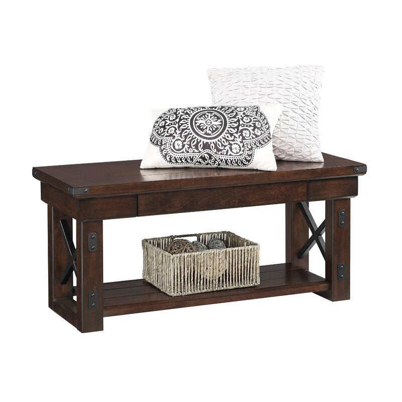 Espresso Kysen Wood Shelves Storage Bench X-Frame Design