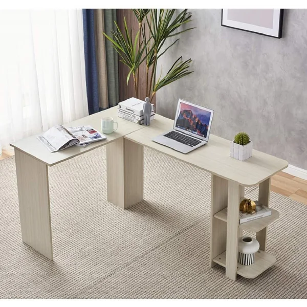 L Shaped Computer Desk Wooden Corner Desk Two-Layer Bookshelves