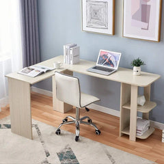 L Shaped Computer Desk Wooden Corner Desk Two-Layer Bookshelves