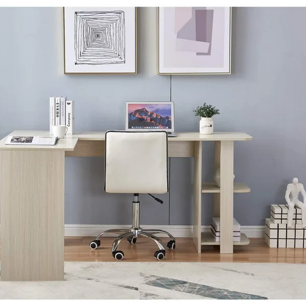 L Shaped Computer Desk Wooden Corner Desk Two-Layer Bookshelves