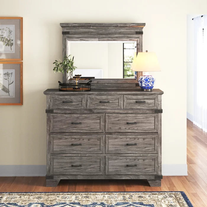 Lacroix 9 Drawer 58'' W Solid Wood Double Dresser with Mirror Clean Lined Silhouette