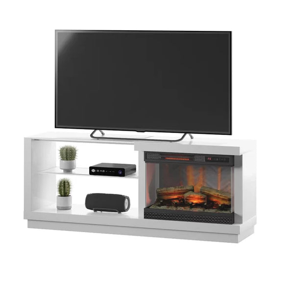 White Fireplace Mantel with Fireplace Included Modern Edges and Contemporary Glass Shelves