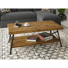 Natural Pine Brown Solid Wood 4 Legs Coffee Table with Storage X-Shaped Open BottomSshelf Where you Can Keep Stacks of Books or Storage Baskets
