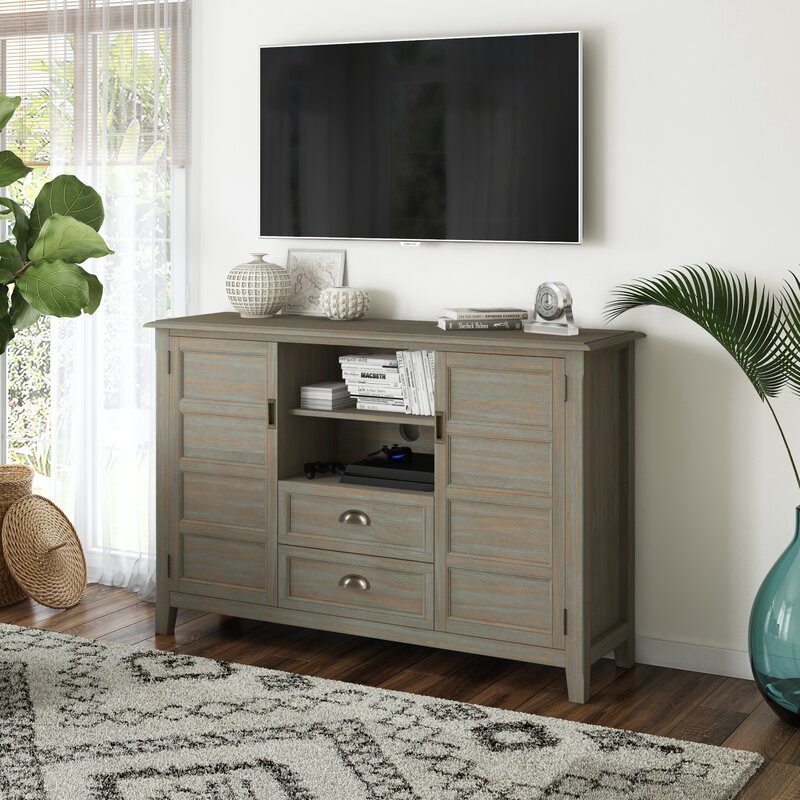 Distressed Gray Solid Wood TV Stand for TVs up to 60"This TV Stand Has Plenty of Storage and Space for All your Media and Gaming Devices