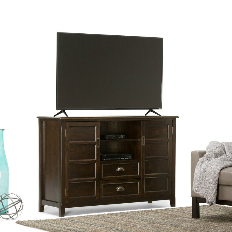 Mahogany Brown Solid Wood TV Stand for TVs up to 60" The Two Large Side Storage Cabinets Open To Two Adjustable Shelves