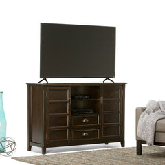 Mahogany Brown Solid Wood TV Stand for TVs up to 60" The Two Large Side Storage Cabinets Open To Two Adjustable Shelves