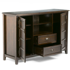 Mahogany Brown Solid Wood TV Stand for TVs up to 60" The Two Large Side Storage Cabinets Open To Two Adjustable Shelves