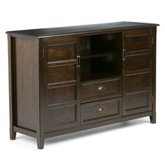 Mahogany Brown Solid Wood TV Stand for TVs up to 60" The Two Large Side Storage Cabinets Open To Two Adjustable Shelves