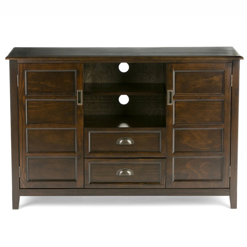 Mahogany Brown Solid Wood TV Stand for TVs up to 60" The Two Large Side Storage Cabinets Open To Two Adjustable Shelves