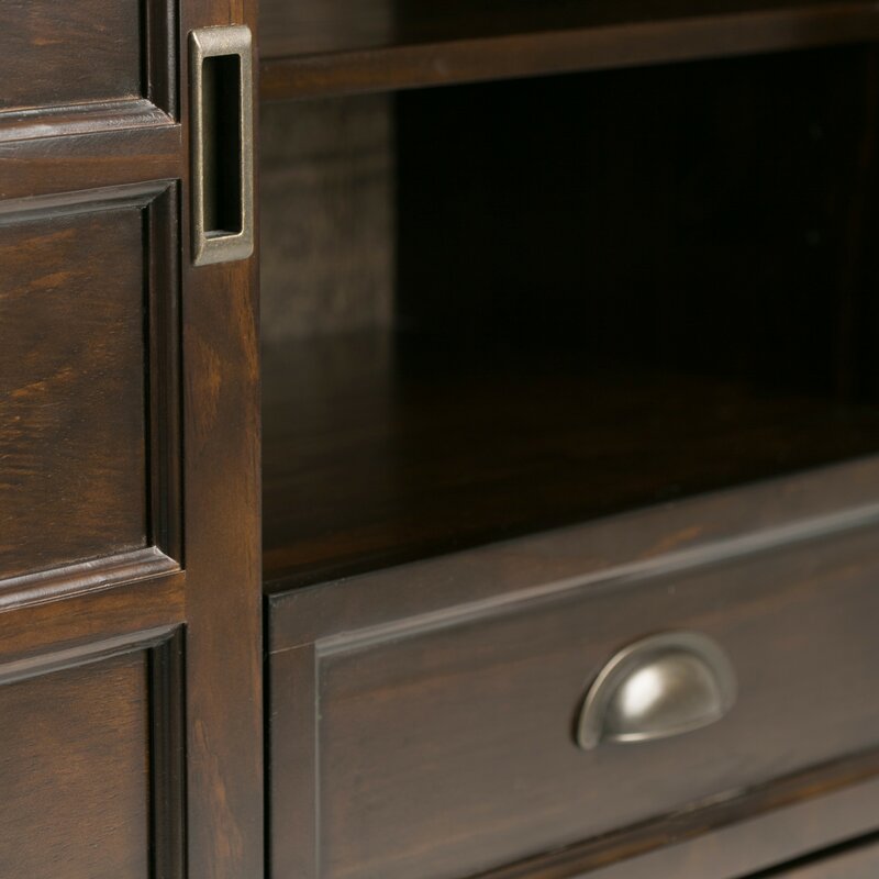 Mahogany Brown Solid Wood TV Stand for TVs up to 60" The Two Large Side Storage Cabinets Open To Two Adjustable Shelves