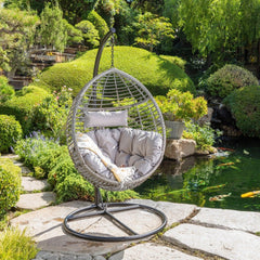 Outdoor Wicker Hanging Basket Chair with Cushion - Gray/ Black. Perfect Addition to your Backyard, Patio, or Garden