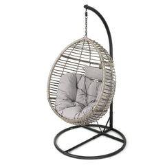 Outdoor Wicker Hanging Basket Chair with Cushion - Gray/ Black. Perfect Addition to your Backyard, Patio, or Garden