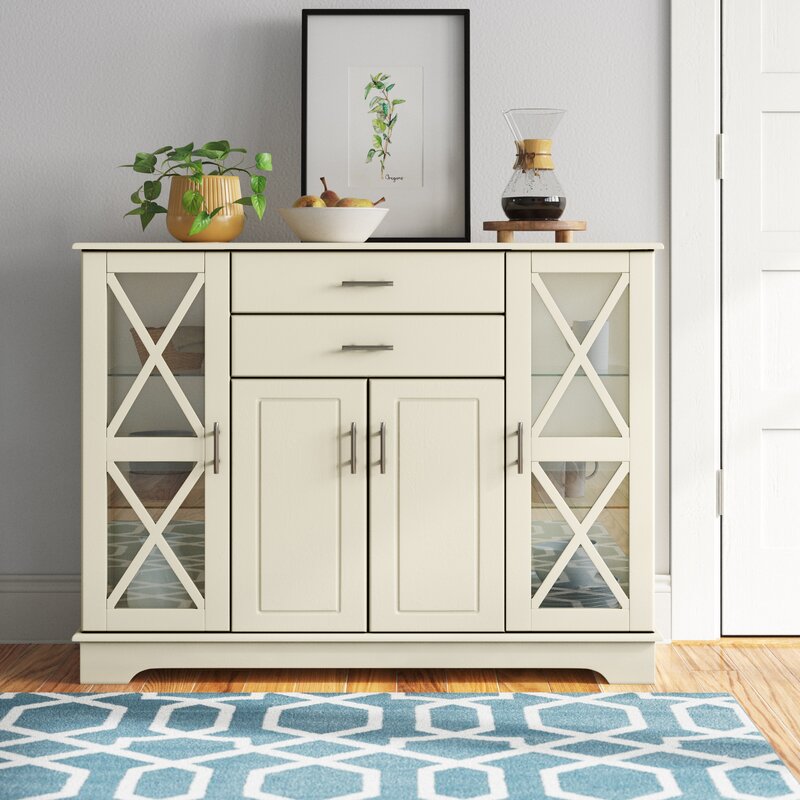Antique White 47.25'' Wide 2 Drawer Server Two Paneled Cabinets and Two Drawers Are Adorned with Sleek Metal Bar Pulls