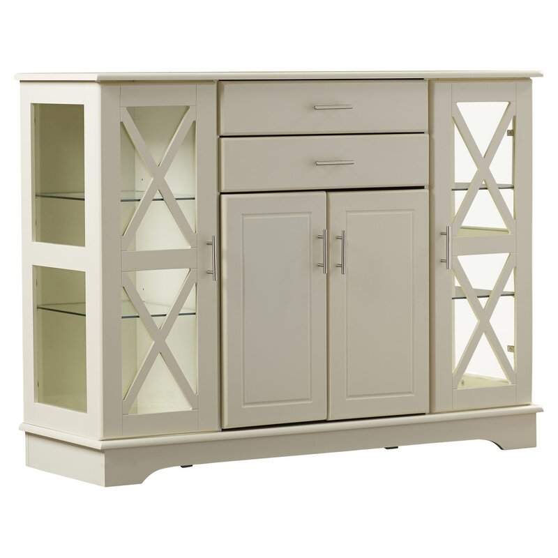 Antique White 47.25'' Wide 2 Drawer Server Two Paneled Cabinets and Two Drawers Are Adorned with Sleek Metal Bar Pulls