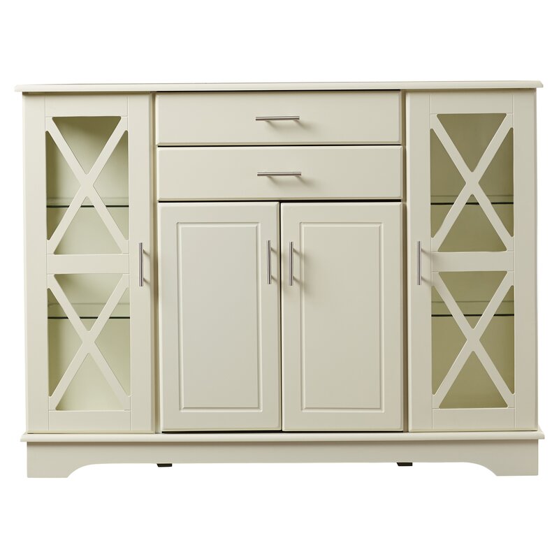 Antique White 47.25'' Wide 2 Drawer Server Two Paneled Cabinets and Two Drawers Are Adorned with Sleek Metal Bar Pulls