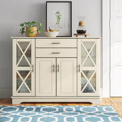 Antique White 47.25'' Wide 2 Drawer Server Two Paneled Cabinets and Two Drawers Are Adorned with Sleek Metal Bar Pulls