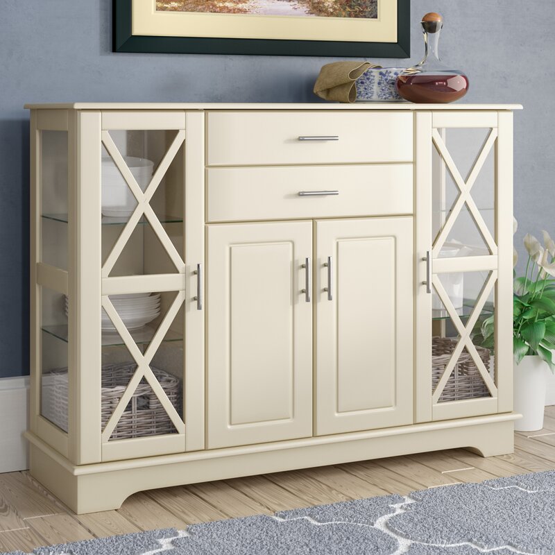 Antique White 47.25'' Wide 2 Drawer Server Two Paneled Cabinets and Two Drawers Are Adorned with Sleek Metal Bar Pulls