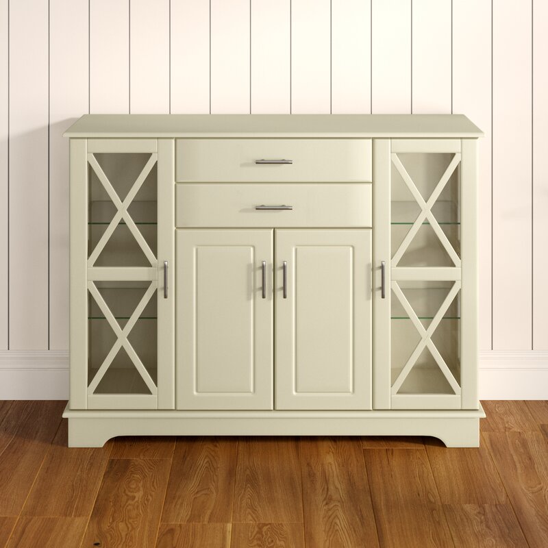 Antique White 47.25'' Wide 2 Drawer Server Two Paneled Cabinets and Two Drawers Are Adorned with Sleek Metal Bar Pulls