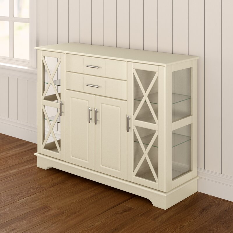 Antique White 47.25'' Wide 2 Drawer Server Two Paneled Cabinets and Two Drawers Are Adorned with Sleek Metal Bar Pulls