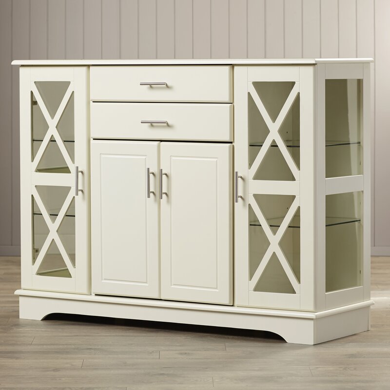 Antique White 47.25'' Wide 2 Drawer Server Two Paneled Cabinets and Two Drawers Are Adorned with Sleek Metal Bar Pulls