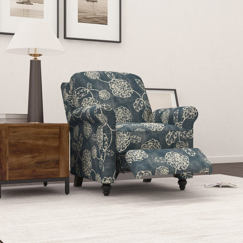 Caribbean Blue and Creamy White Floral Polyester 33.5'' Wide Manual Standard Recliner for Comfortable Long-Term Sitting