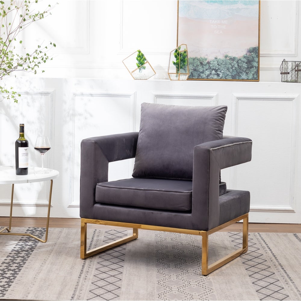 Contemporary Upholstered Accent Arm Chair - Grey Cut-Out Square Track Armrests and A Pillow Back that Lend A Look of Luxuriously Comfy