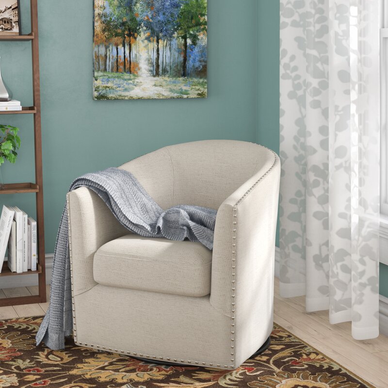 28'' Wide Swivel Barrel Chair This Barrel Armchair Brings An Eye-Catching Spare Seat to your Living Room Wrapped in Polyester Upholstery