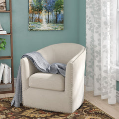 28'' Wide Swivel Barrel Chair This Barrel Armchair Brings An Eye-Catching Spare Seat to your Living Room Wrapped in Polyester Upholstery