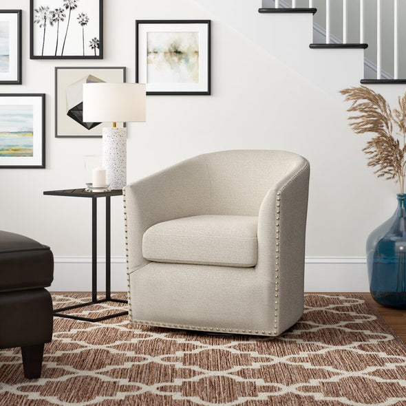 28'' Wide Swivel Barrel Chair This Barrel Armchair Brings An Eye-Catching Spare Seat to your Living Room Wrapped in Polyester Upholstery