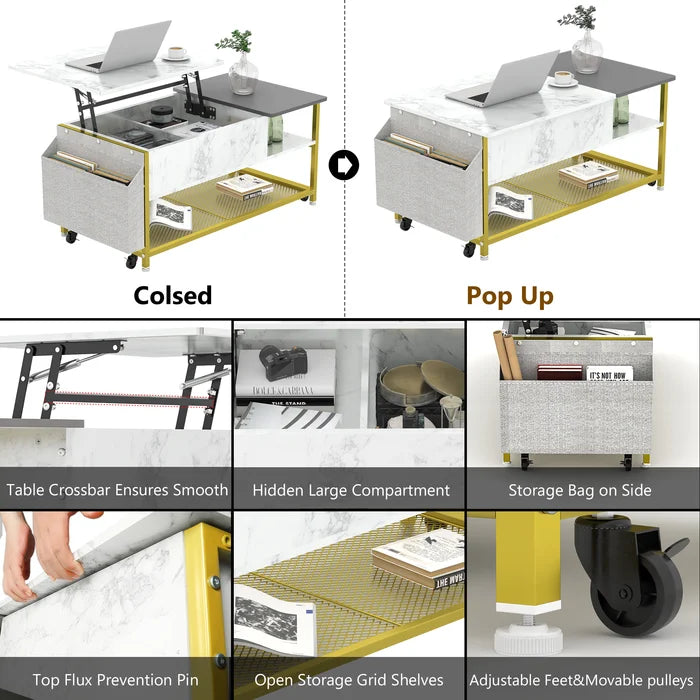 Lift Top Floor Shelf Coffee Table with Storage Extra Storage Pockets and Shelves Provide More Storage Space