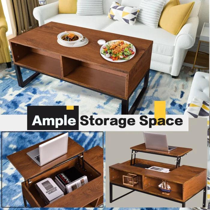 Lift Top Coffee Table With Hidden Storage Compartment & Shelf Design