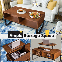 Lift Top Coffee Table With Hidden Storage Compartment & Shelf Design