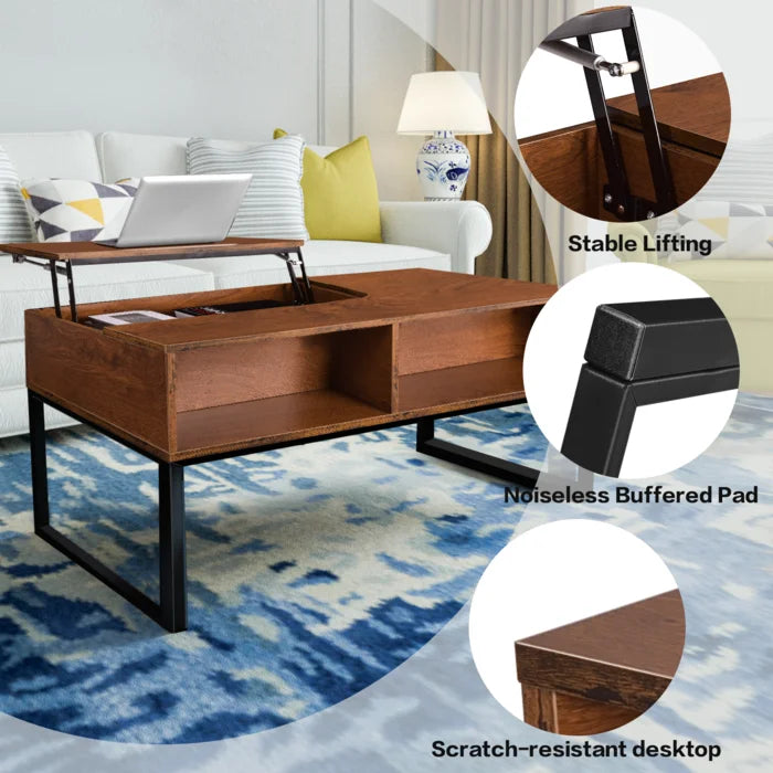 Lift Top Coffee Table With Hidden Storage Compartment & Shelf Design