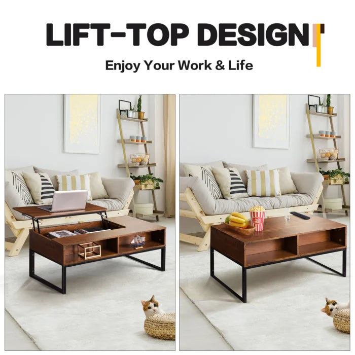 Lift Top Coffee Table With Hidden Storage Compartment & Shelf Design