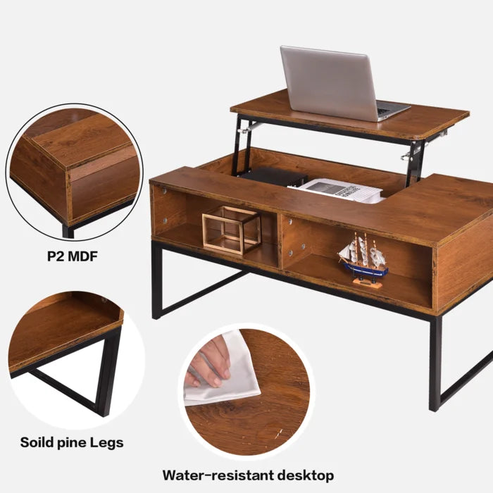 Lift Top Coffee Table With Hidden Storage Compartment & Shelf Design
