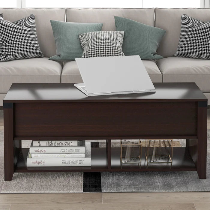 Cherry Lift Top Extendable 4 Legs Coffee Table with Storage Manufactured Wood Frame