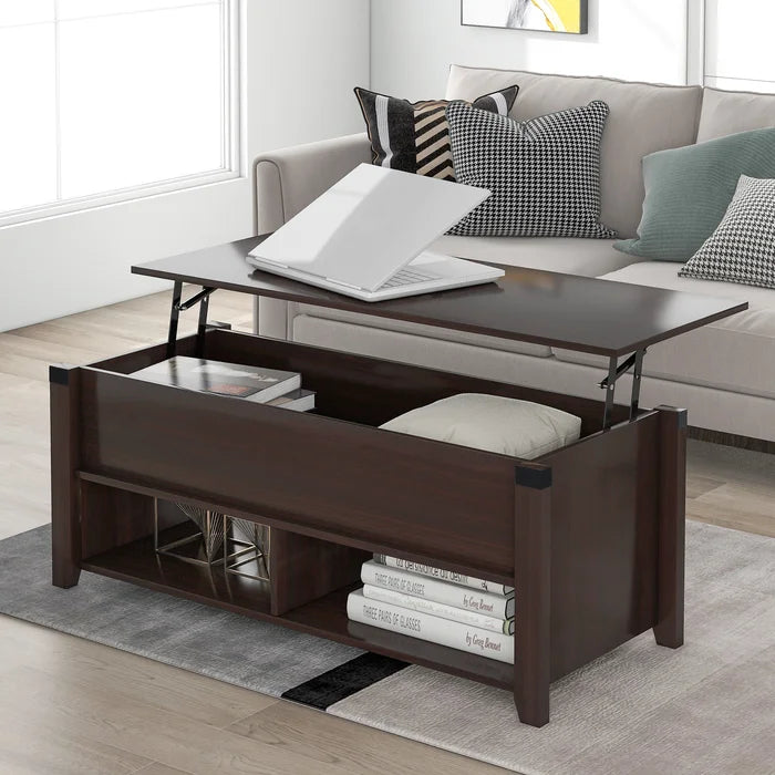 Cherry Lift Top Extendable 4 Legs Coffee Table with Storage Manufactured Wood Frame