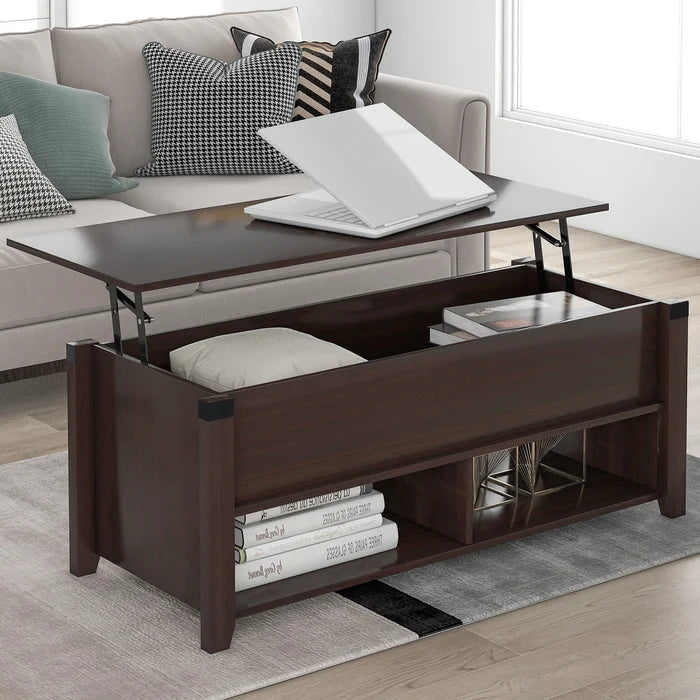 Cherry Lift Top Extendable 4 Legs Coffee Table with Storage Manufactured Wood Frame