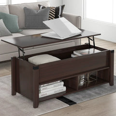 Cherry Lift Top Extendable 4 Legs Coffee Table with Storage Manufactured Wood Frame
