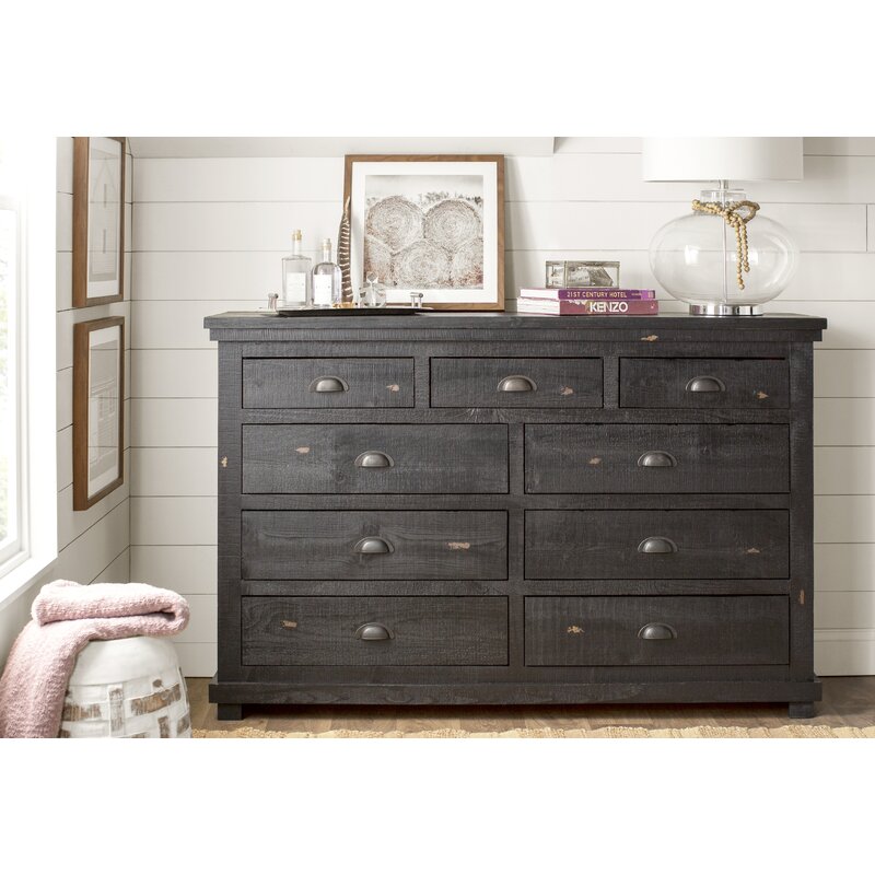 Distressed Black Lockridge 9 Drawer 66'' W Solid Wood Dresser