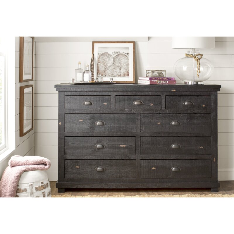 Distressed Dark Gray Lockridge 9 Drawer 66'' W Solid Wood Dresser