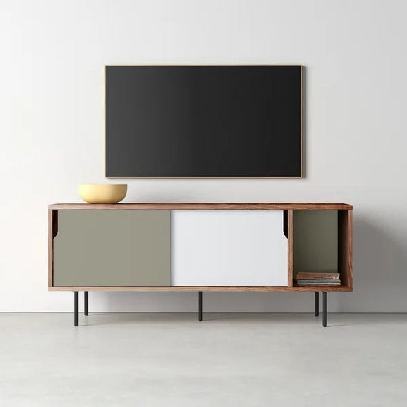 Walnut Frame/Pure White/Gray Doors/Black Steel Fee Lüders TV Stand for TVs up to 70" With Cable Management